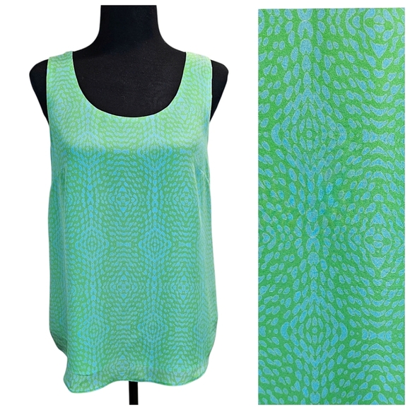 Ellie Kai Womens 100% Silk Sleeveless Tank Blouse Sz 6 Kelly Green Abstract Chic - Picture 1 of 12